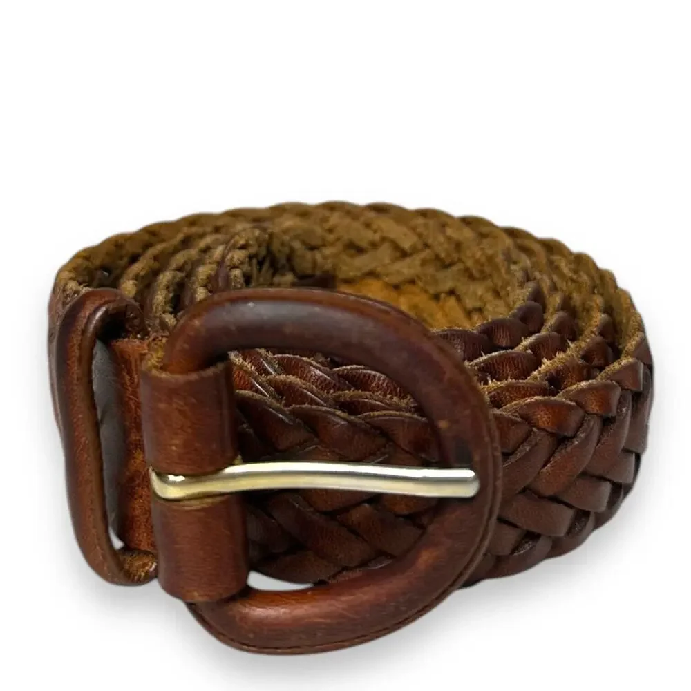 Vintage Braided Leather Belt Brown Leather Buckle Oil Tanned Cowhide Mens 38-95